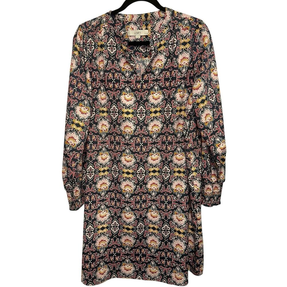 LOFT Petite Large Boho Print‎ Tunic Dress Smocked Cuff Long Sleeve